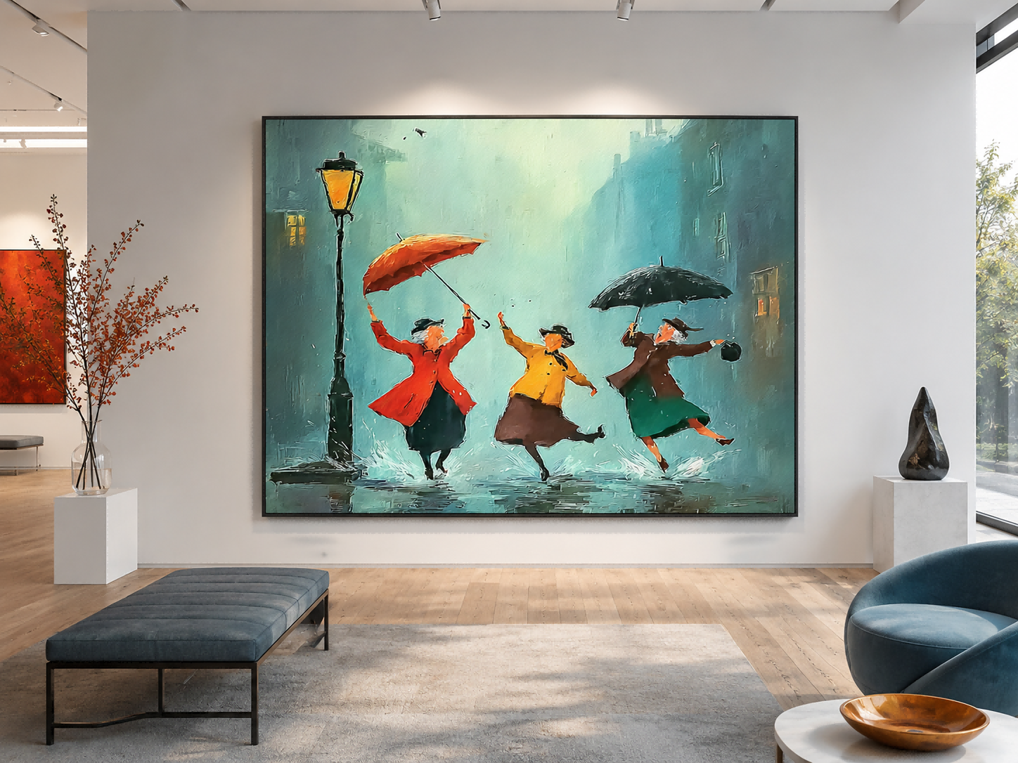 Vintage Style Oil Painting Depicting Friendship In City Rain With Umbrellas And Reflections For Lounge Wall Decor