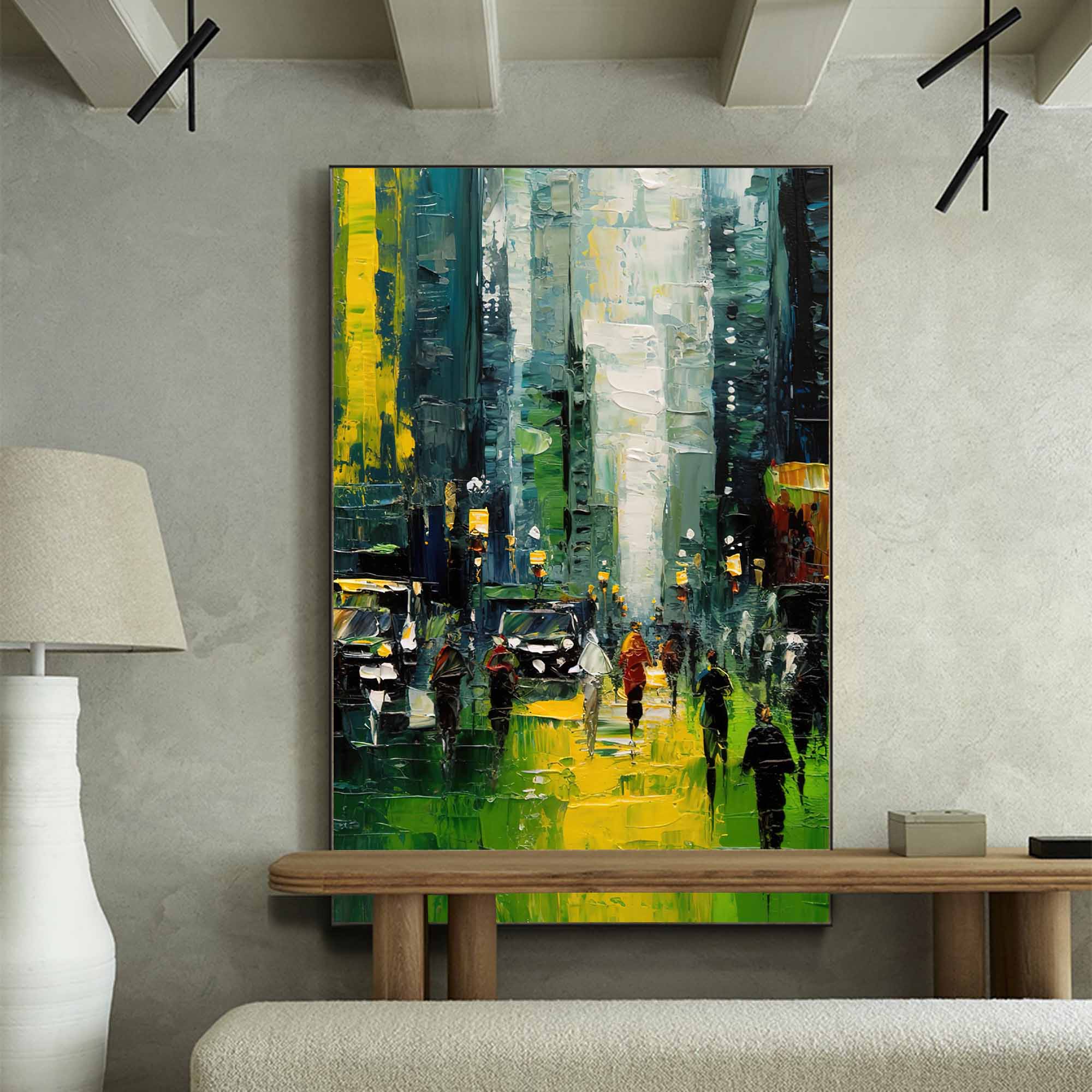 Original City Buildings Texture Urban Oil Painting Cityscape Green City Canvas Wall Art For Home Decor