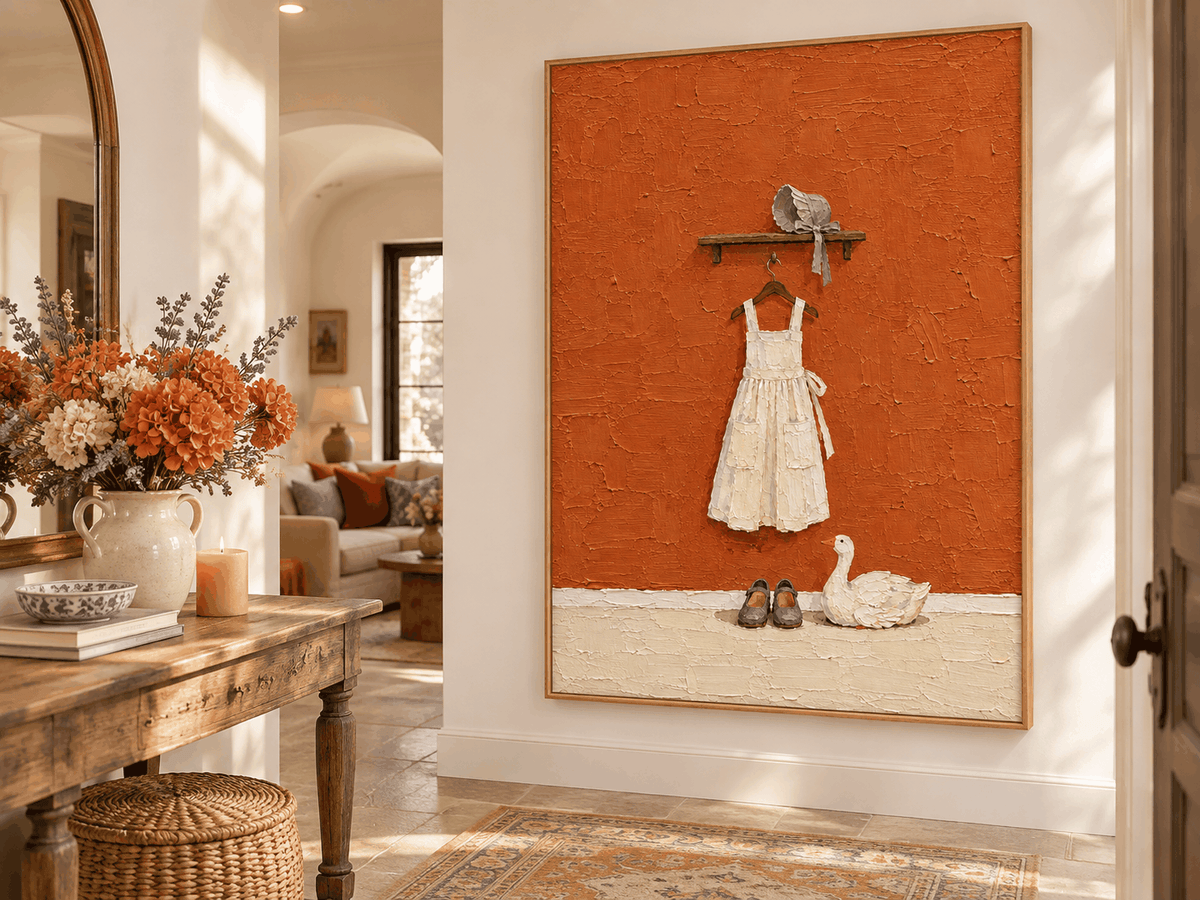 Hand-Painted White Dress And Duck Canvas Art With Orange Background