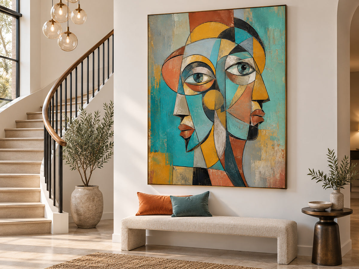 Vintage Cubist Style Hand Painted Art With Textured Finish