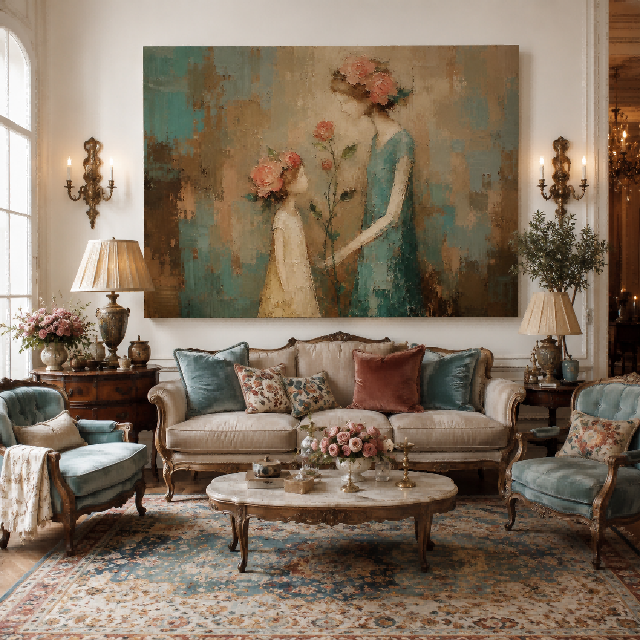 Hand Painted Impasto People Art With Soft Pink Flowers In Retro Style For Bedroom And Lounge Walls