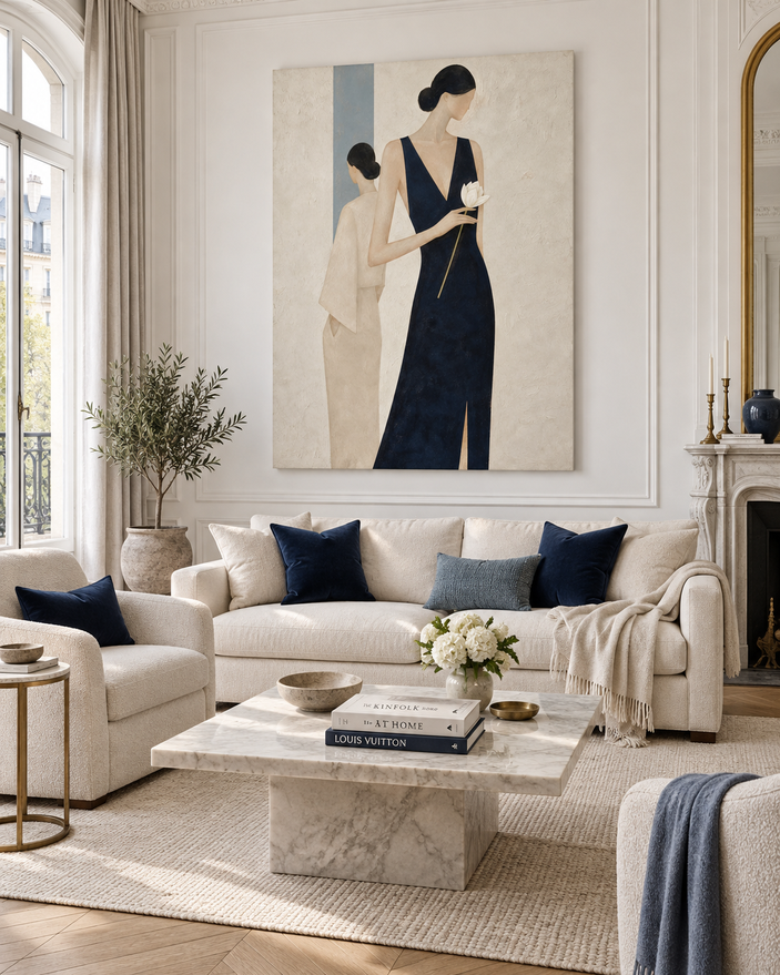 Two Women In Navy And Beige Hand-Painted Canvas Art With White Flower