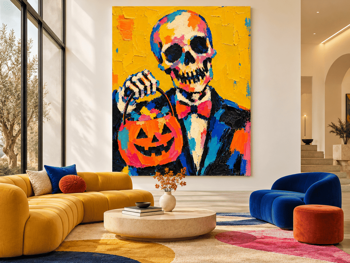 Modern Abstract Skeleton Painting With Retro Vintage Vibes Vibrant Halloween Wall Art