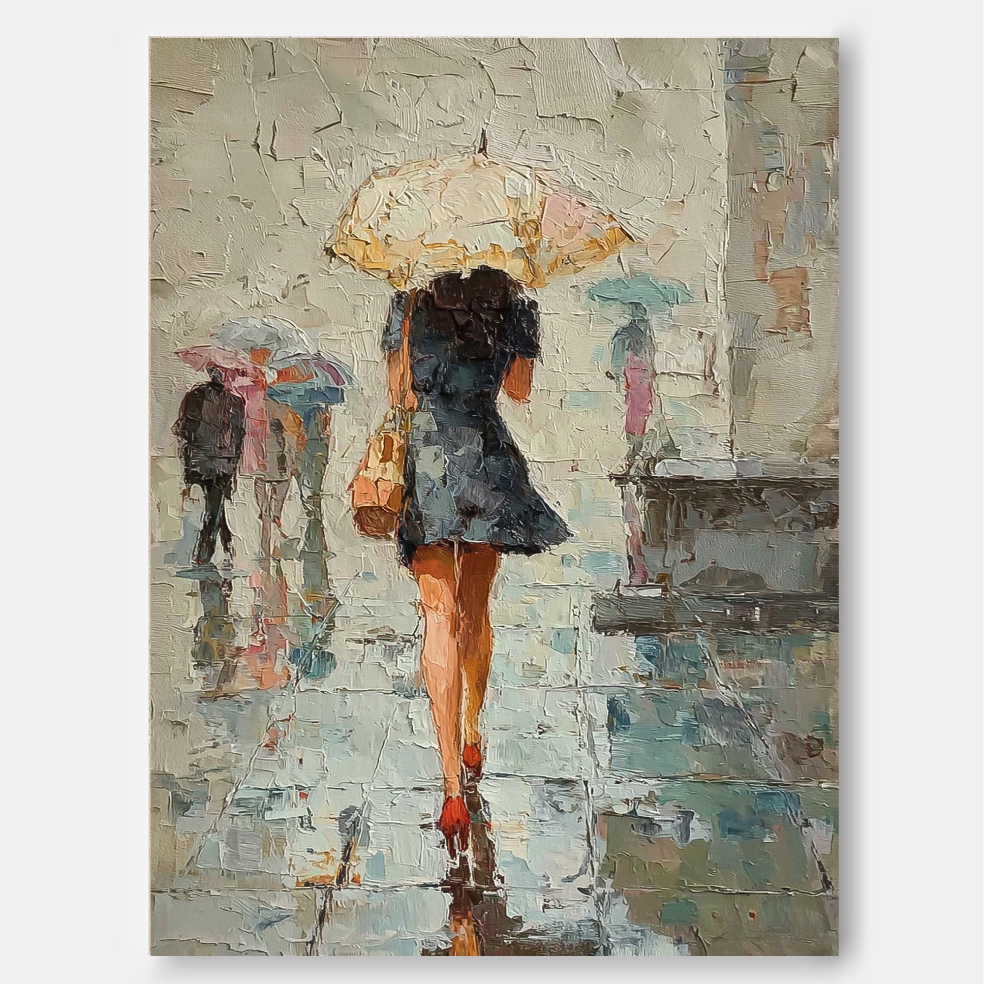 Rainy City Street Oil Painting Of Woman With Umbrella For Modern Home Decor