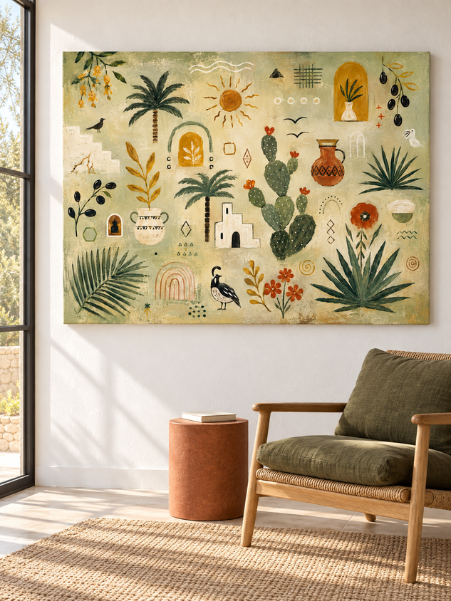 Hand-Painted Cactus And Palm Tree Abstract Canvas Art With Sun