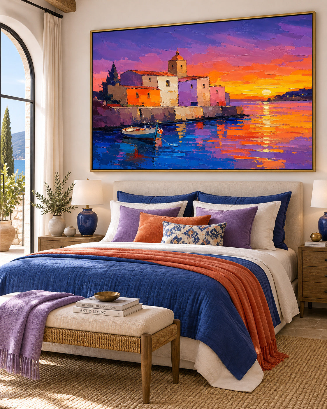 Mediterranean Harbor Sunset Hand-Painted Canvas Art With Vibrant Purple And Orange Tones