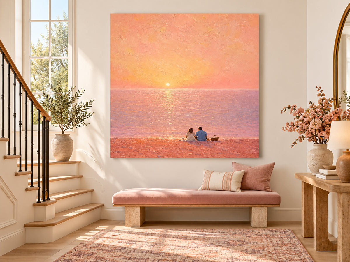Romantic Couple Sunset Beach Hand-Painted Canvas Art In Pink And Gold Tones