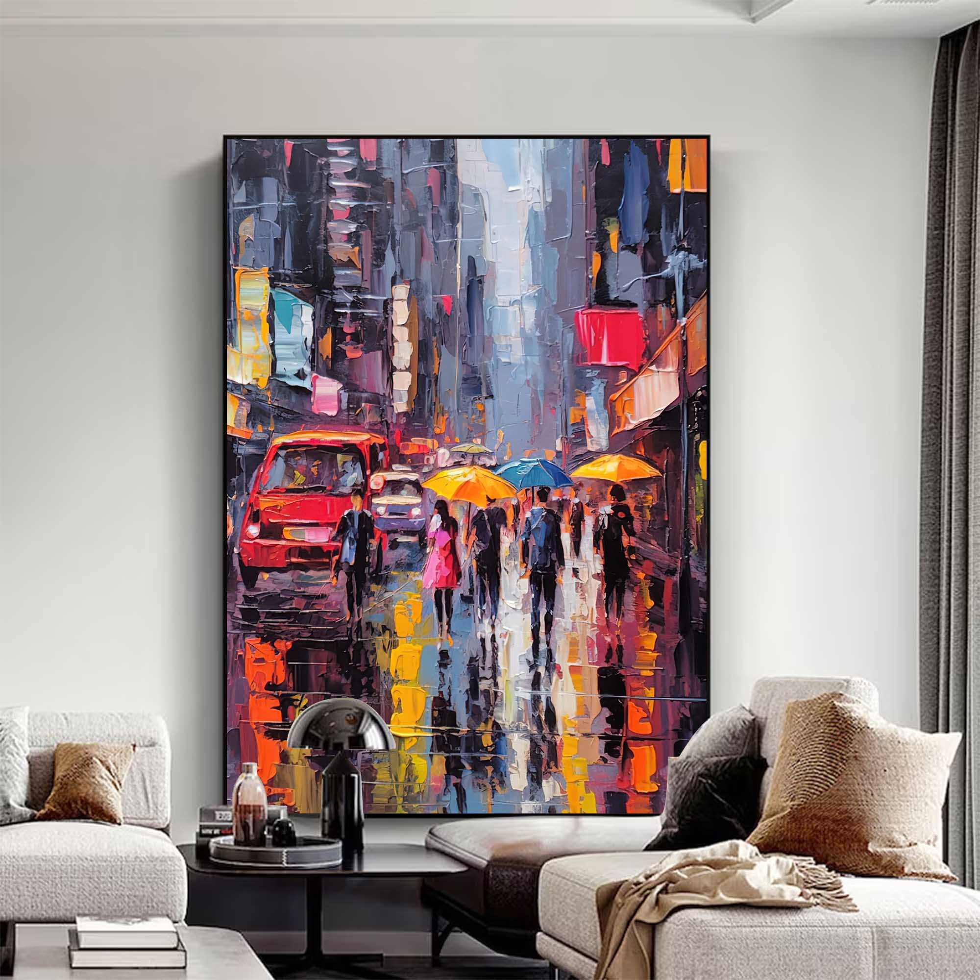 Original Modern Rainy Night Cityscape Oil Painting On Canvas Abstract Urban Scene Art Large Wall Art Home Decor