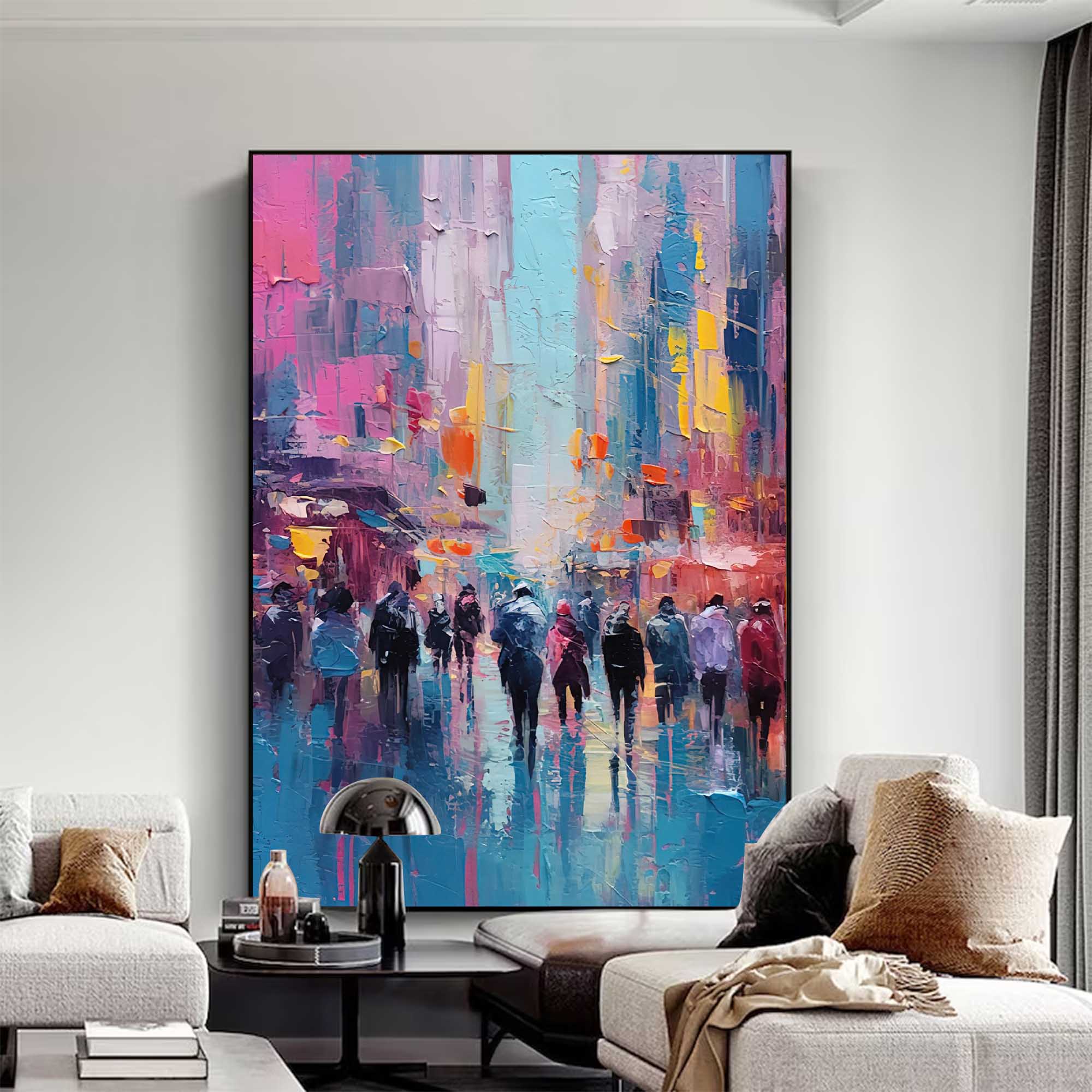 Abstract Large Cityscape Oil Painting On Canvas Original Urban Scene Art Modern Colorful Wall Art Living Room