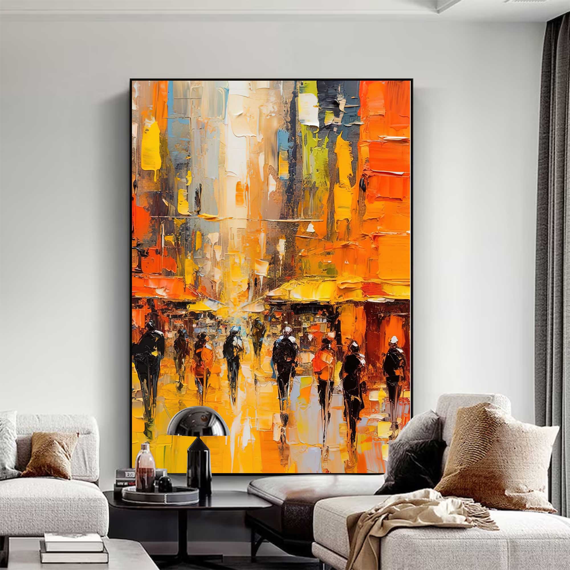 Yellow Abstract Large Cityscape Oil Painting On Canvas Original Urban Scene Art Modern Colorful Wall Art Living Room