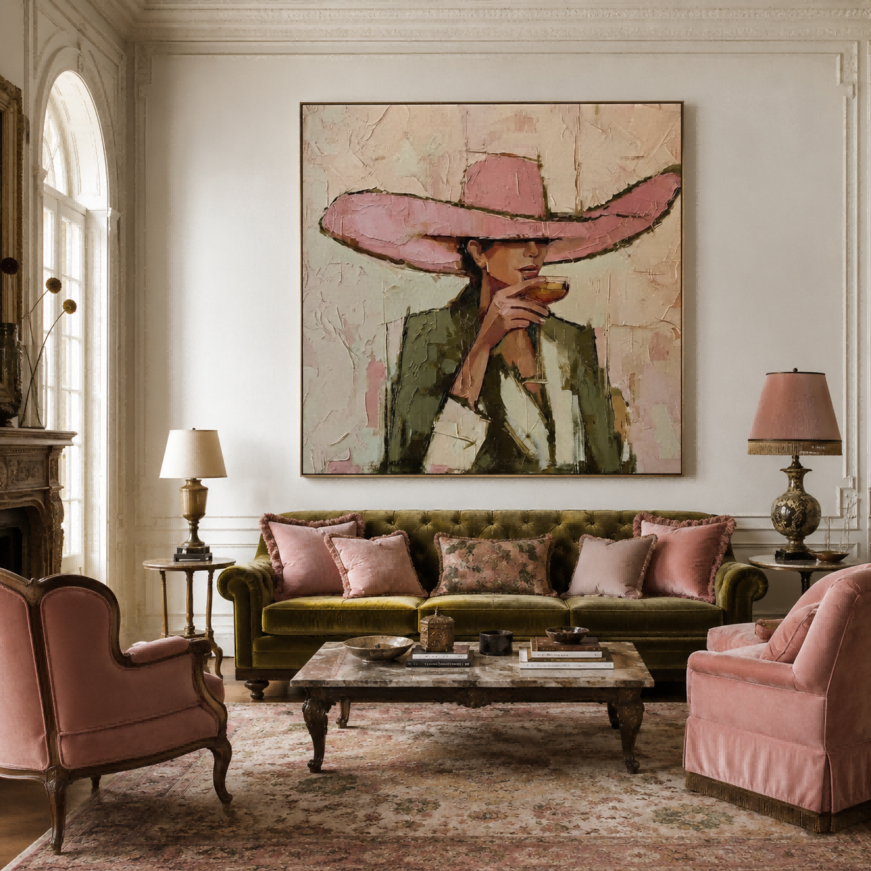 Vintage Fashion Woman Painting Pink Hat Square Canvas Art For Living Room Decor