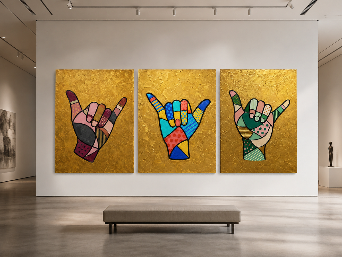 Modern Pop Art Triptych With Geometric Patterns And Textured Gold Finish