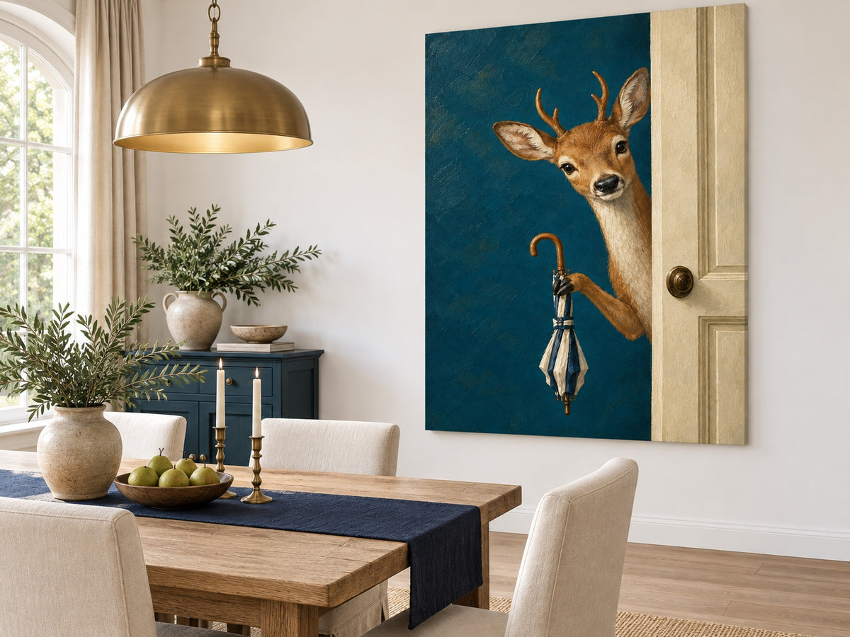 Modern Fantasy Deer Painting Teal Background Handmade Canvas Art