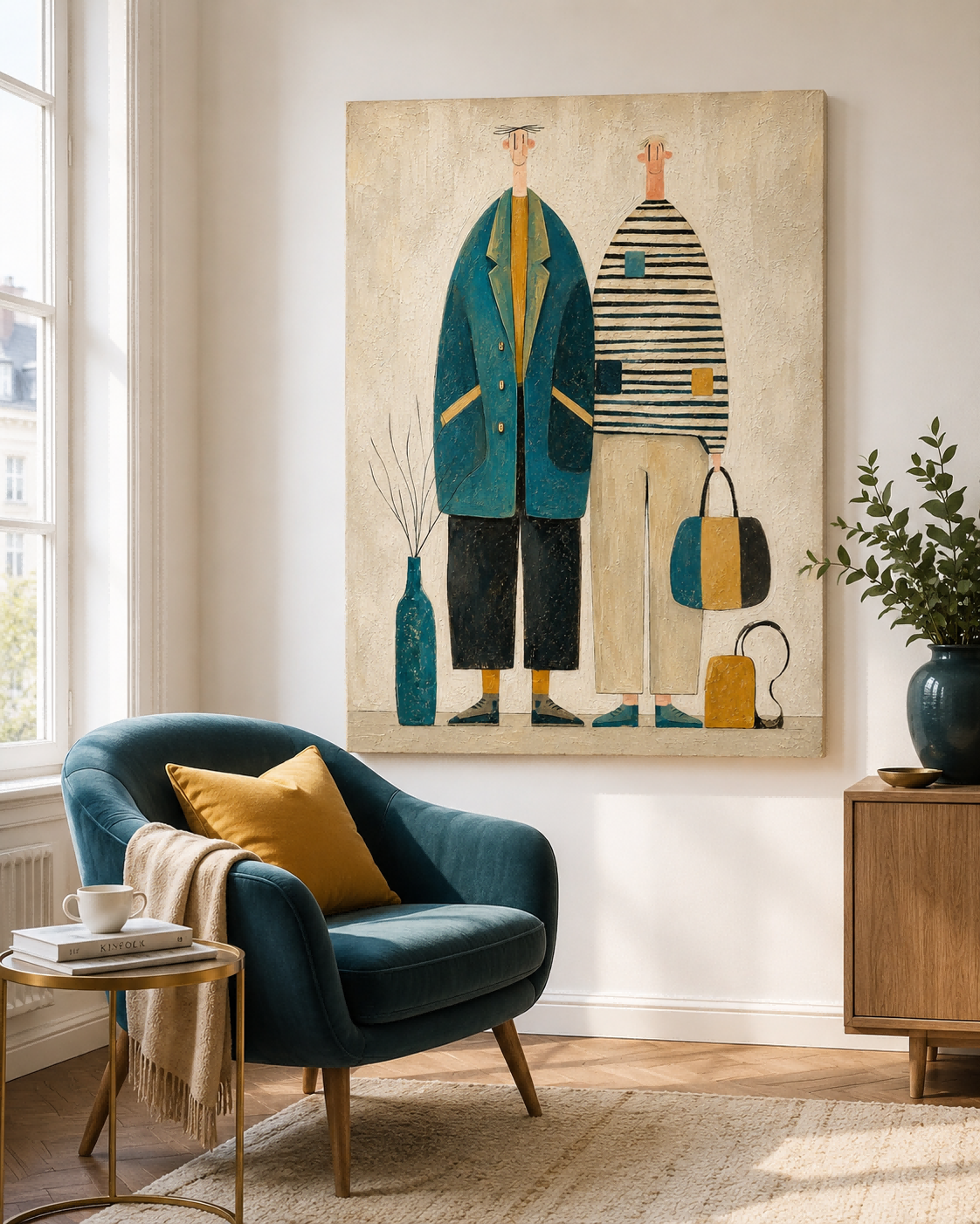 Whimsical People Wall Art For Living Room And Bedroom Vintage Decor Modern Vintage Illustration Style Canvas Painting With Textured Finish