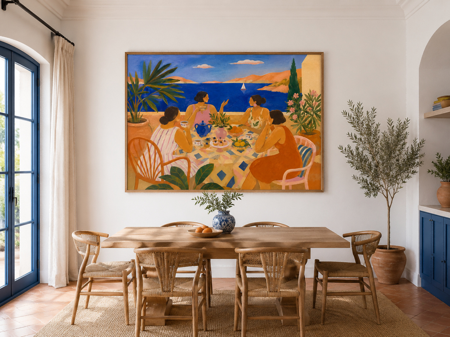 Dreamy Art Deco Style Painting Of Coastal Leisure And Elegant Tea Time