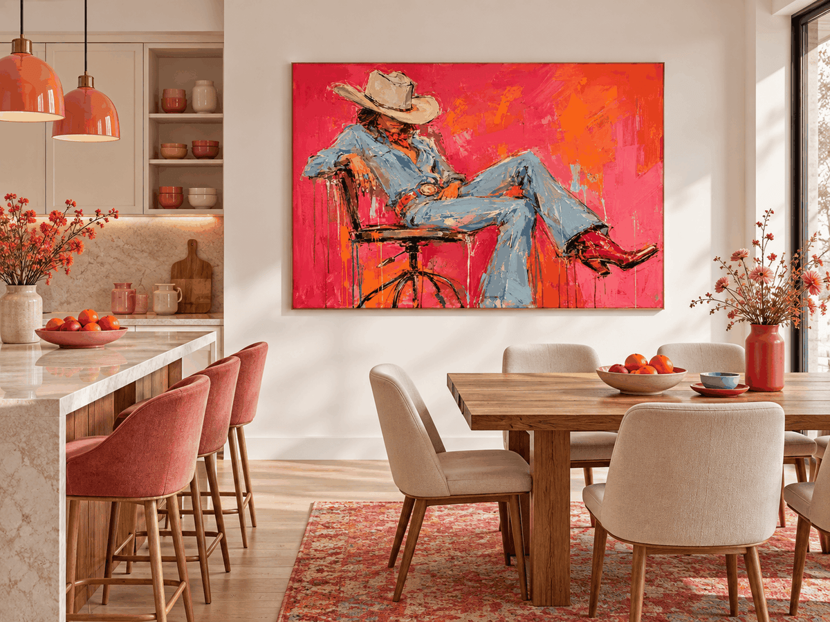 Vintage Modern Textured Art With High-Contrast Colors And Western Theme