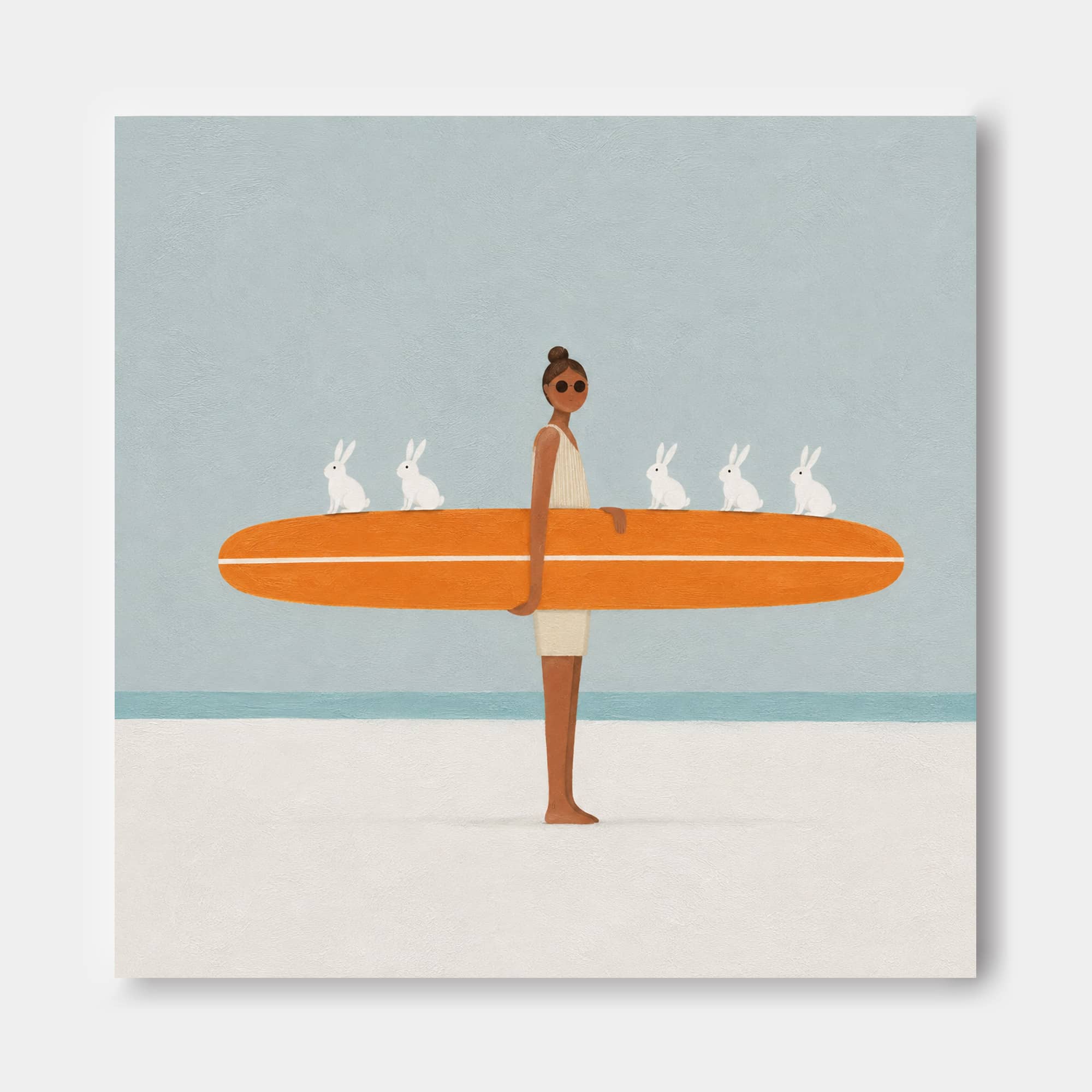 Hand-Painted Surfboard And Bunnies Abstract Canvas Art With Orange Accents