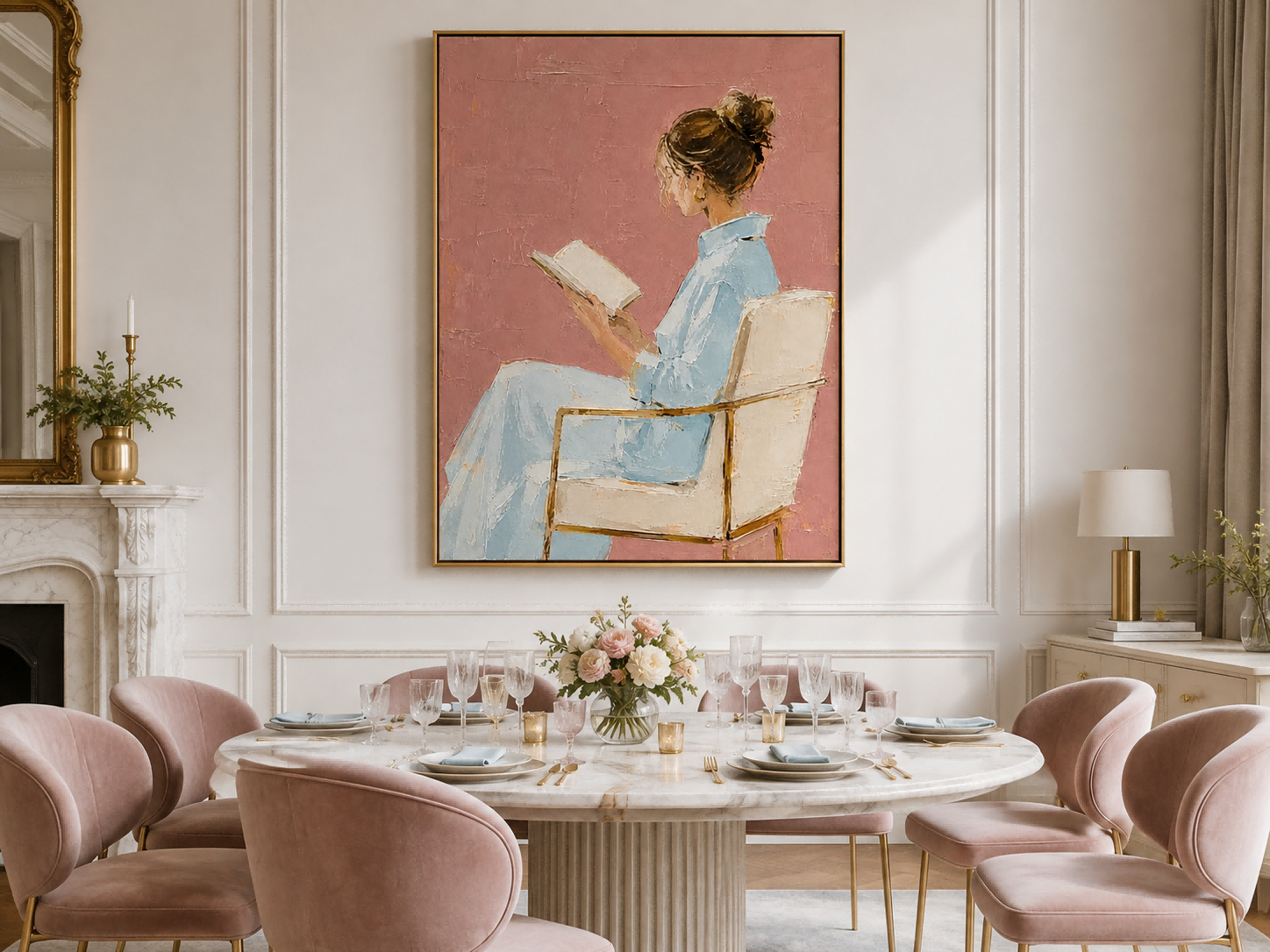 Modern Minimalist Oil Painting Of Lady Reading In Blue Dress With Pink Background