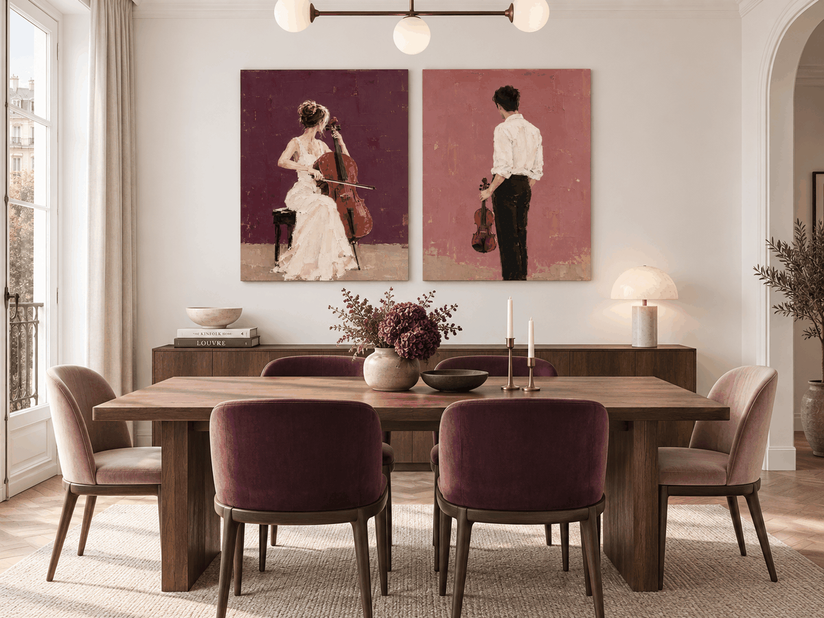 Hand-Painted Music Couple Art With Cello And Violin On Canvas