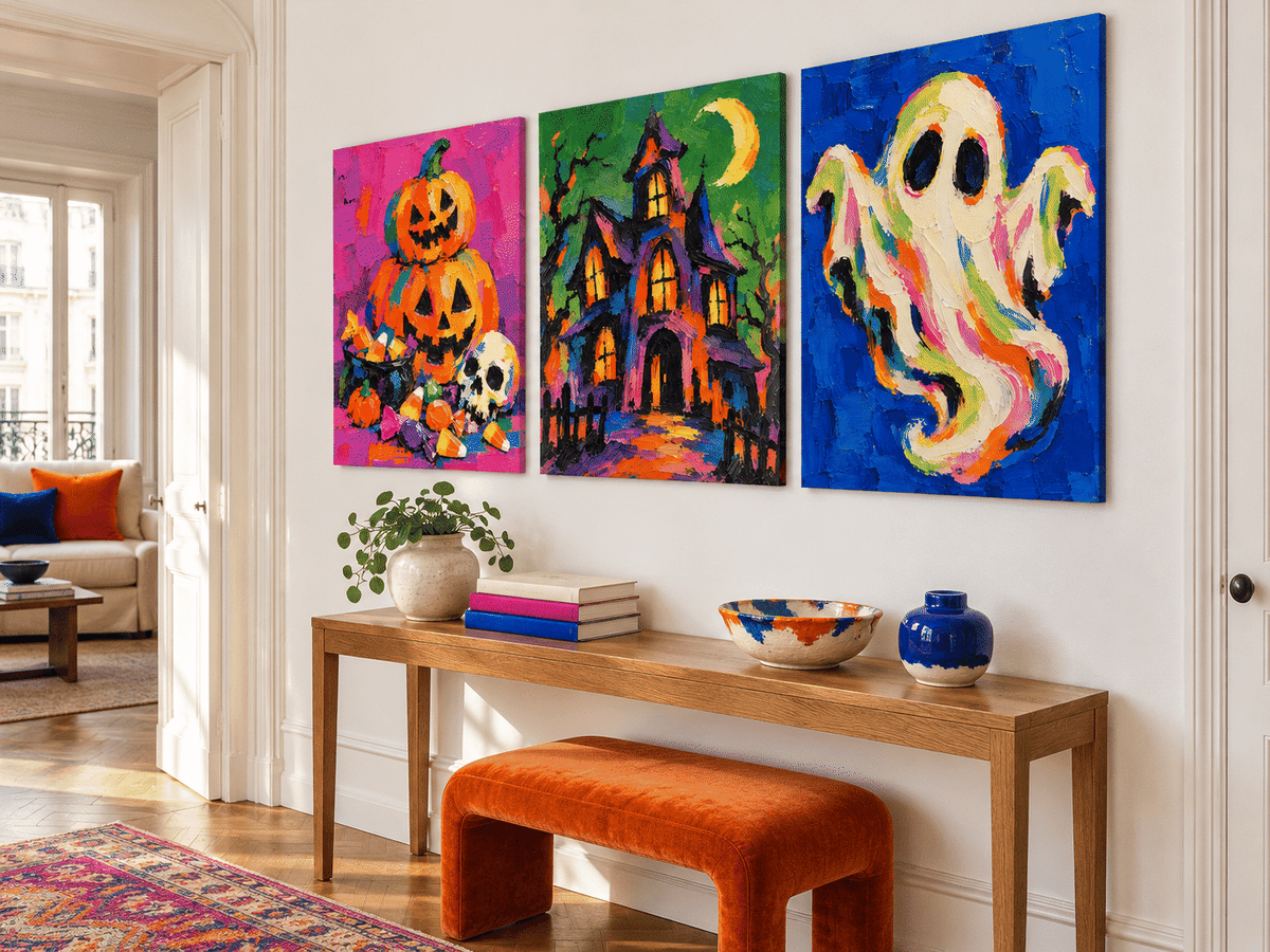 3P Hand-Painted Halloween Pumpkin Ghost Haunted House Canvas Art Set