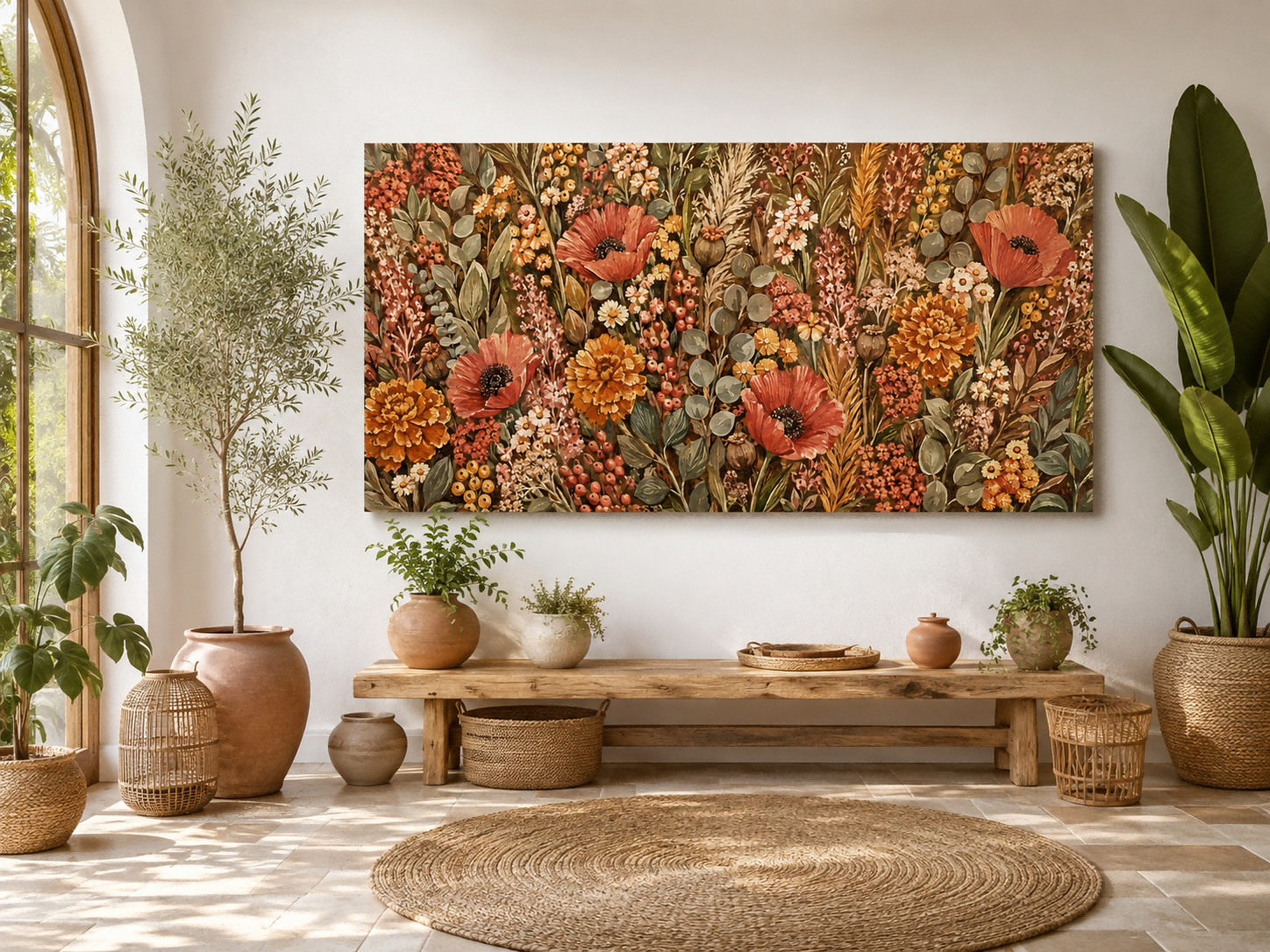 Vintage Floral Canvas Art With Poppies And Marigolds In Warm Earth Tones