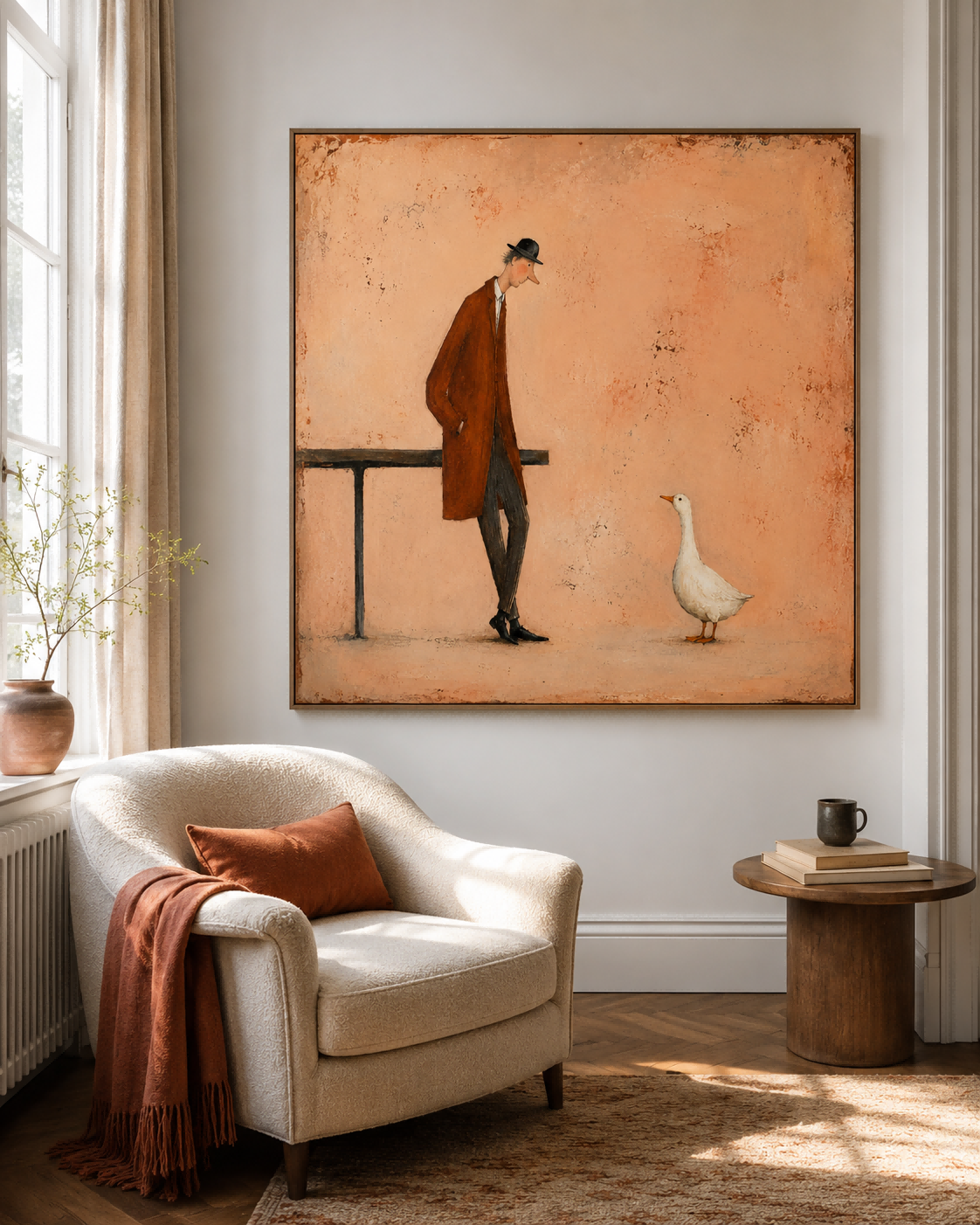 Retro Storytelling Art Hand-Painted Canvas Warm Beige Tone Original