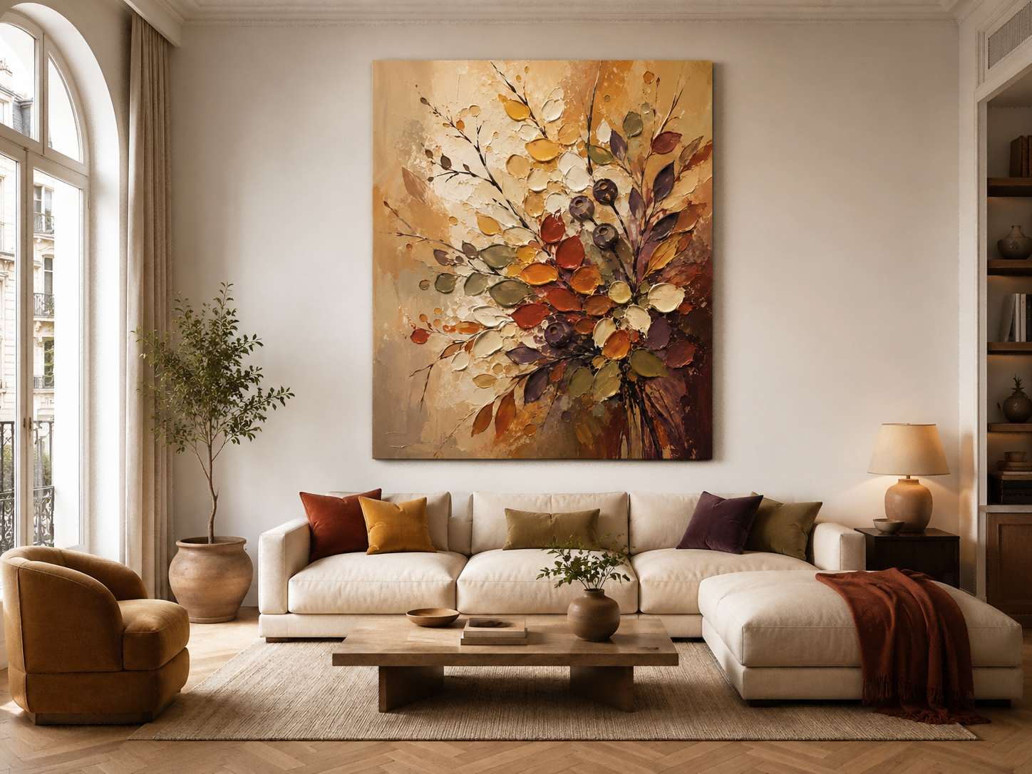 Abstract Floral Canvas Painting With Gold And Beige Tones Vintage Inspired Abstract Art With Heavy Impasto Texture