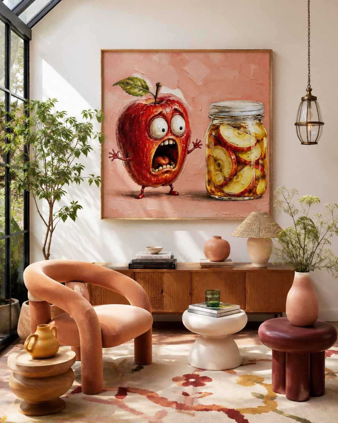 Surreal Anthropomorphic Apple Artwork With Preserved Fruit Jar For Playful Rooms