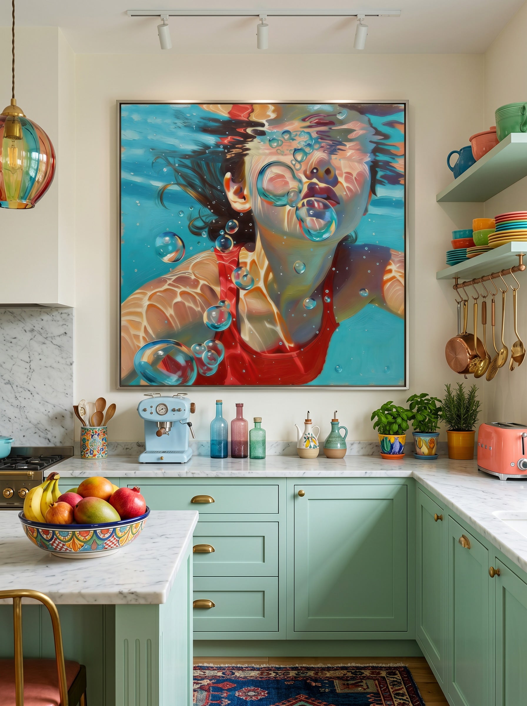 Vibrant Swimming Pool Art Girl Underwater Scene Square Oil Painting On Linen