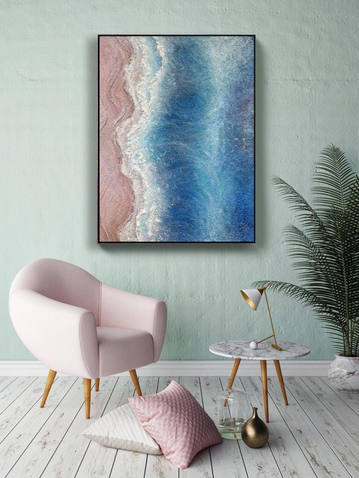 Blue And Pink Texture Ocean Abstract Oil Painting Large Ocean Original Painting On Canvas Modern Wall Art Living Room Decor