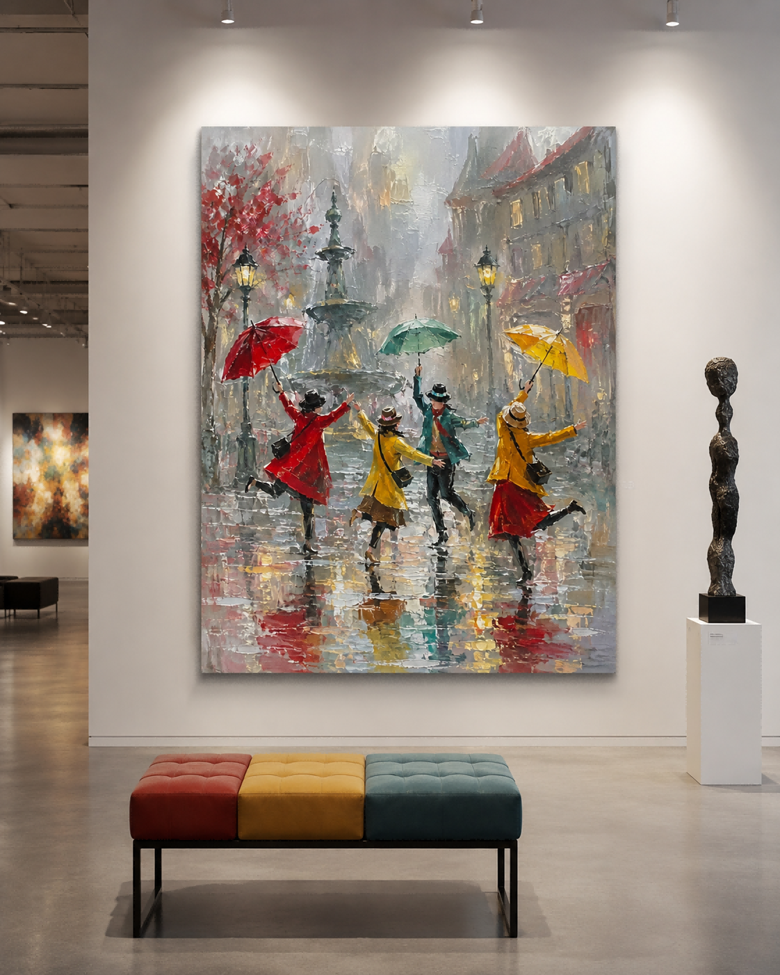 Colorful Umbrella Street Scene Canvas Art With Fountain And Lamp Post Details