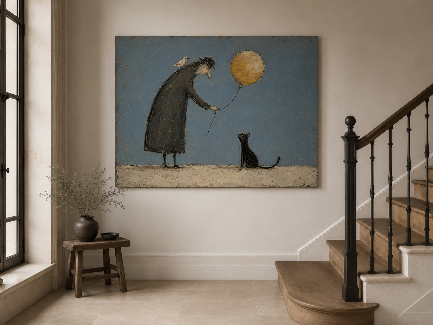 Healing Vintage Illustration Canvas Art Golden Blue Tones Whimsical Living Room Wall Art Modern Vintage Animal Painting