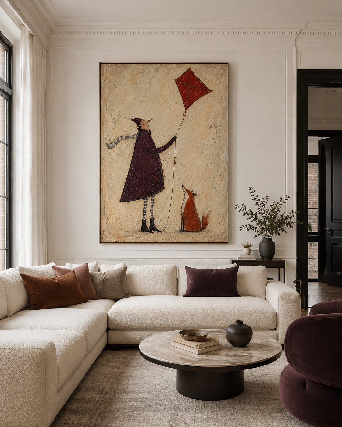 Whimsical Vintage Illustration Hand-Painted Canvas Art With Fox And Kite