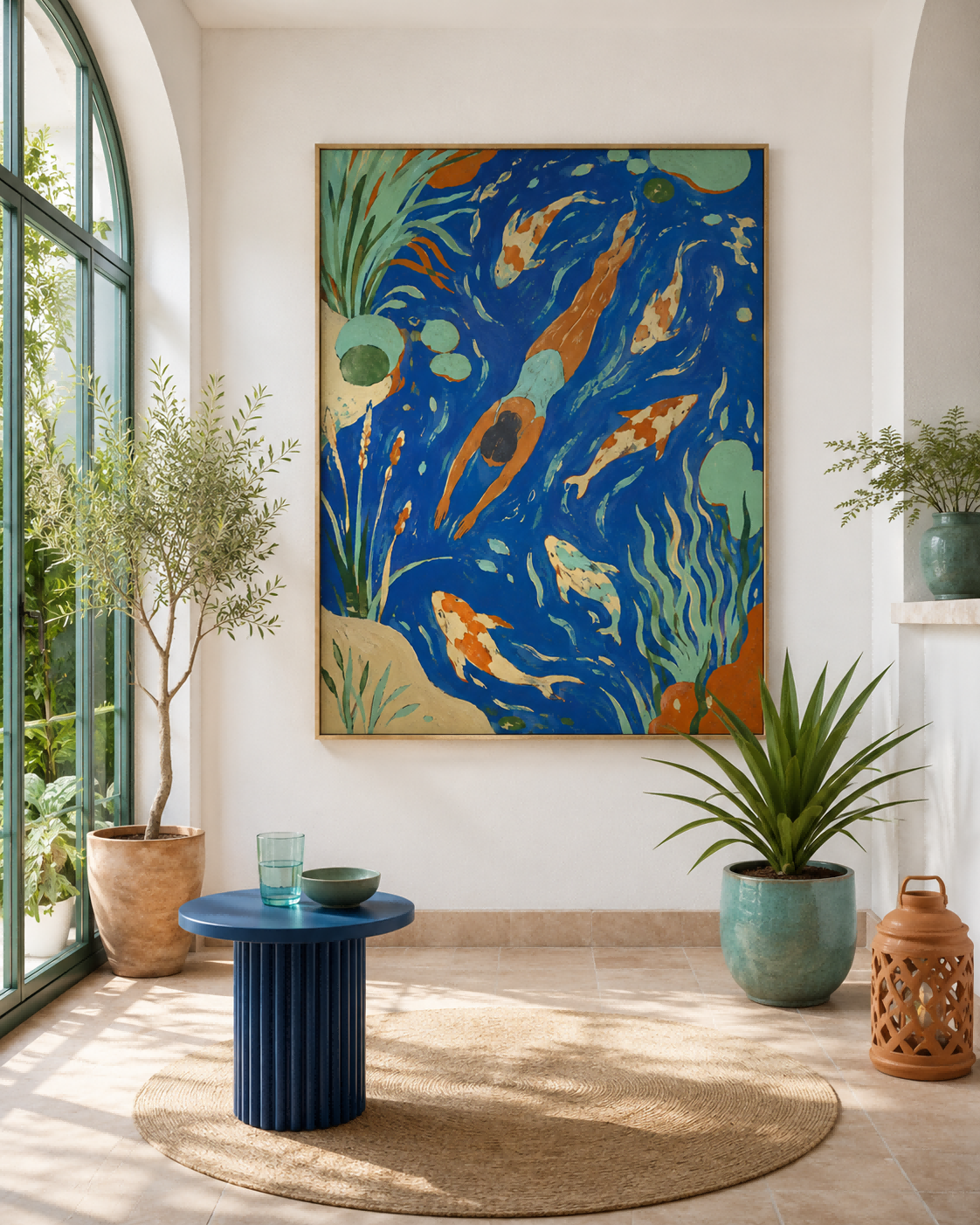Art Deco Style Swimming Scene Original Canvas Painting With Fish