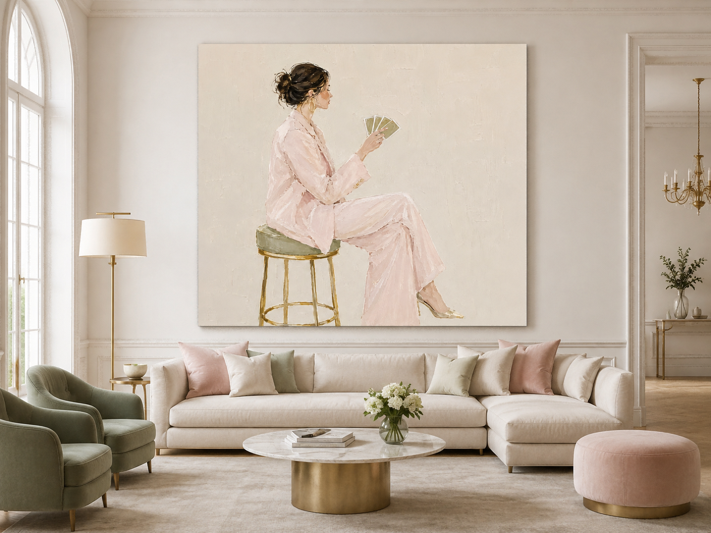 Chic Feminine Portrait Oil Painting Gold Stool Minimalist Art For Lounge Areas