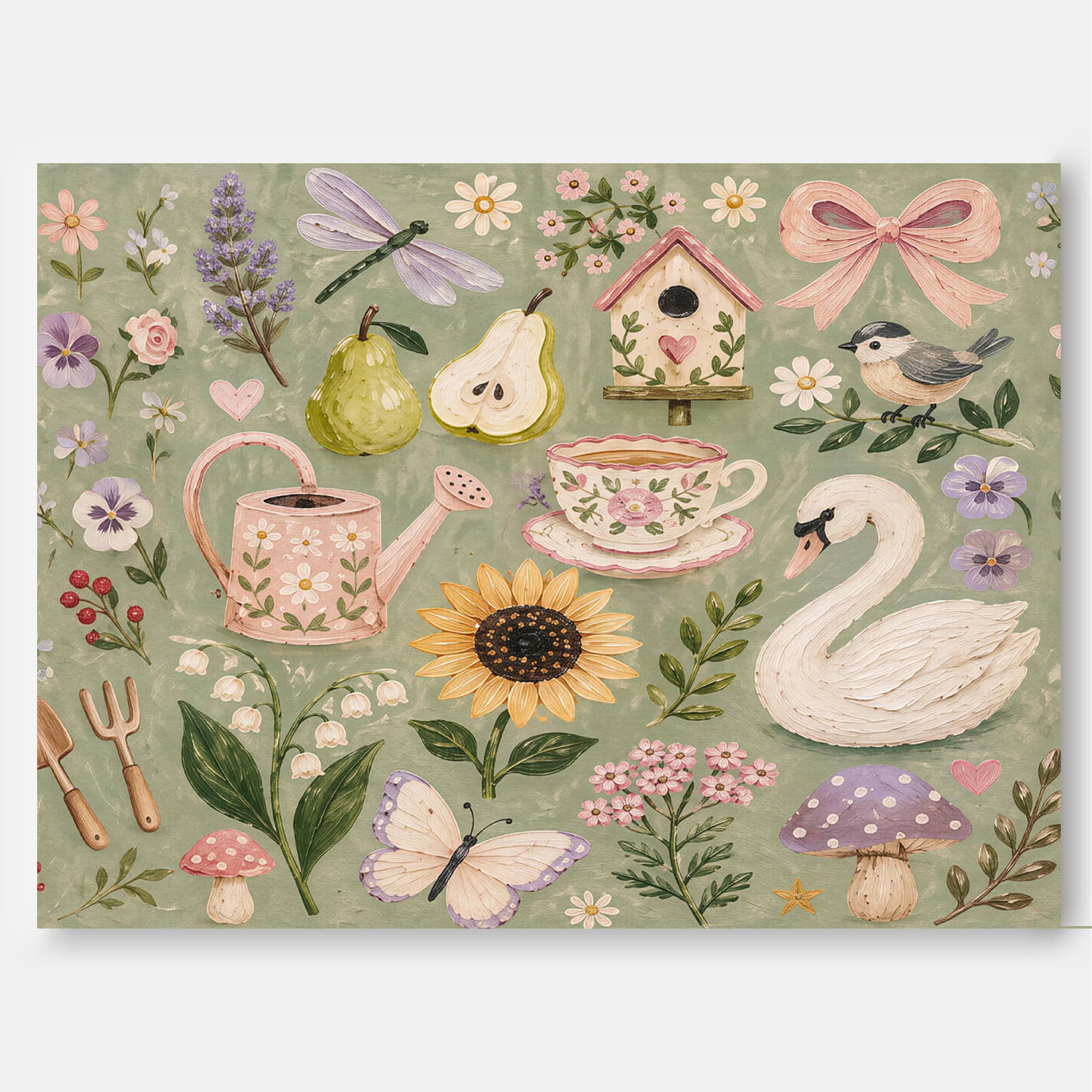 Pastoral Vintage Oil Painting With Sage Green Floral And Animal Motifs For Living Room Decor