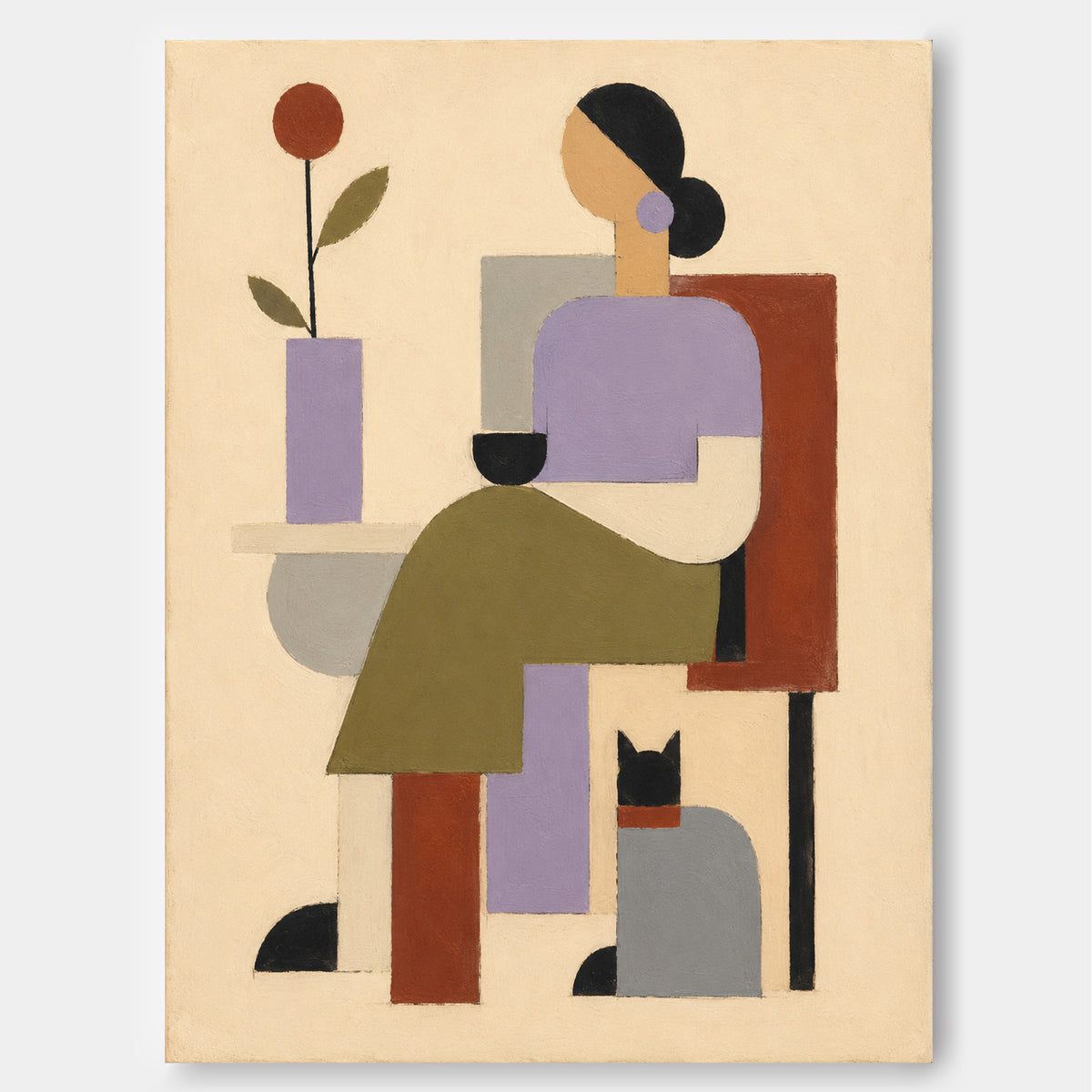 Woman And Cat Geometric Canvas Painting In Morandi Tones