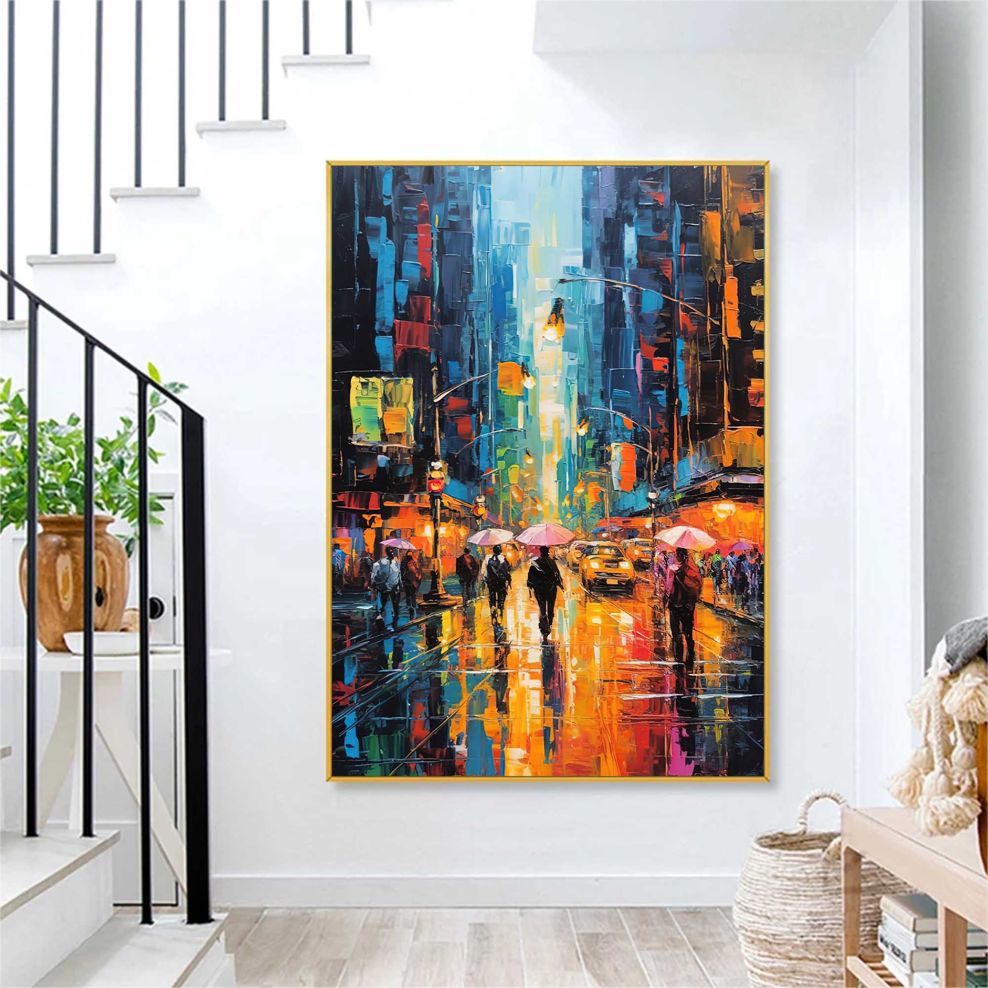 Original Urban Rain Scene oil Painting On Canvas Modern Wall Art Abstract Cityscape Painting Living room Wall Decor