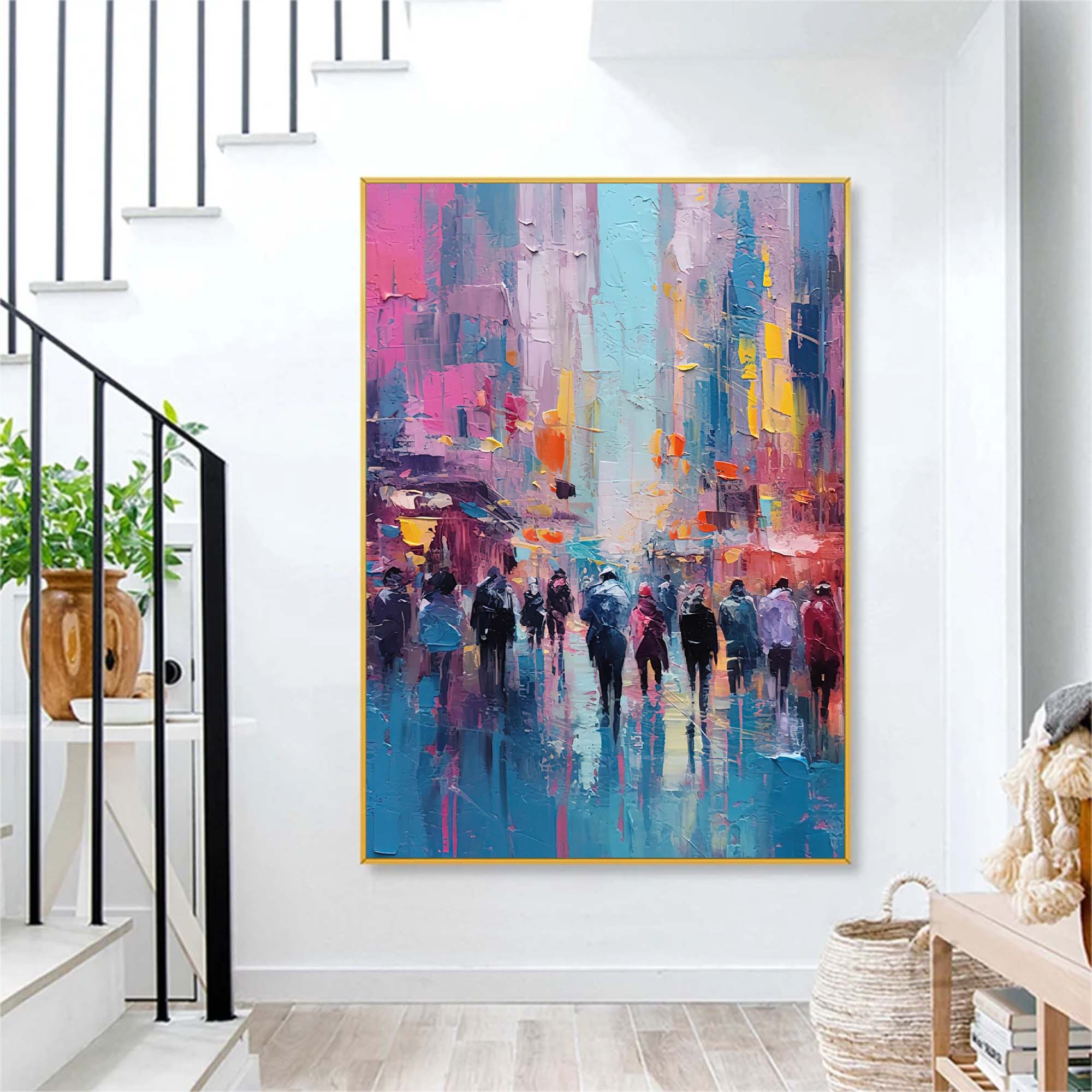 Abstract Large Cityscape Oil Painting On Canvas Original Urban Scene Art Modern Colorful Wall Art Living Room