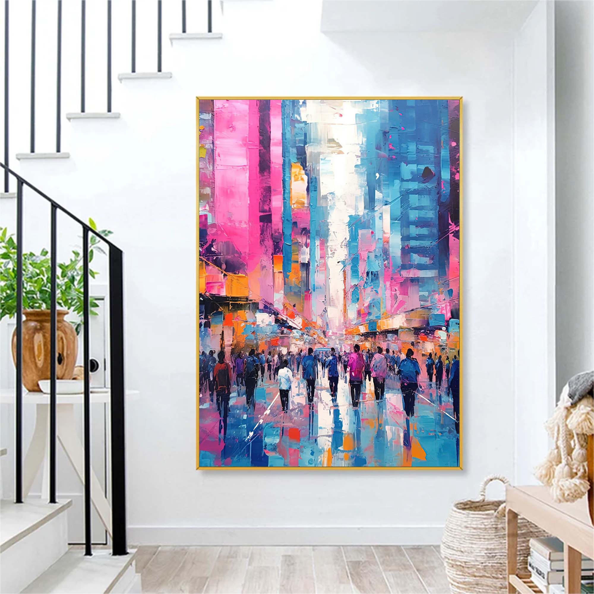 Abstract Urban Scene Art Original Modern Cityscape Oil Painting On Canvas Large Colorful Wall Art Living Room Decor
