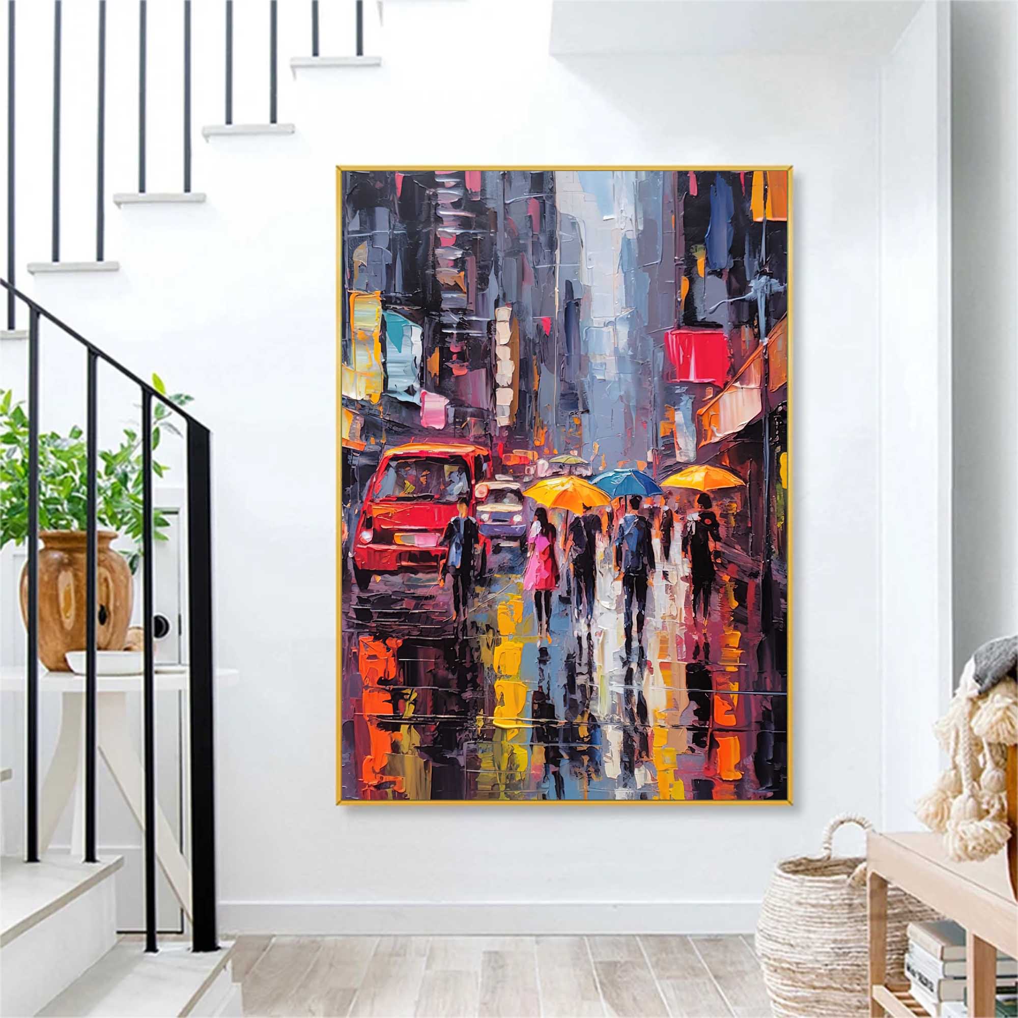 Original Modern Rainy Night Cityscape Oil Painting On Canvas Abstract Urban Scene Art Large Wall Art Home Decor