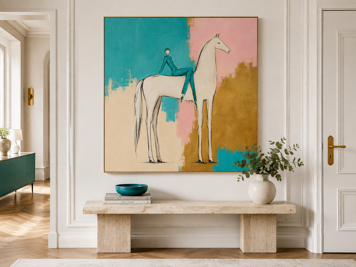 Abstract Equestrian Canvas Painting In Modern Pop Style With Vibrant Color Blocks
