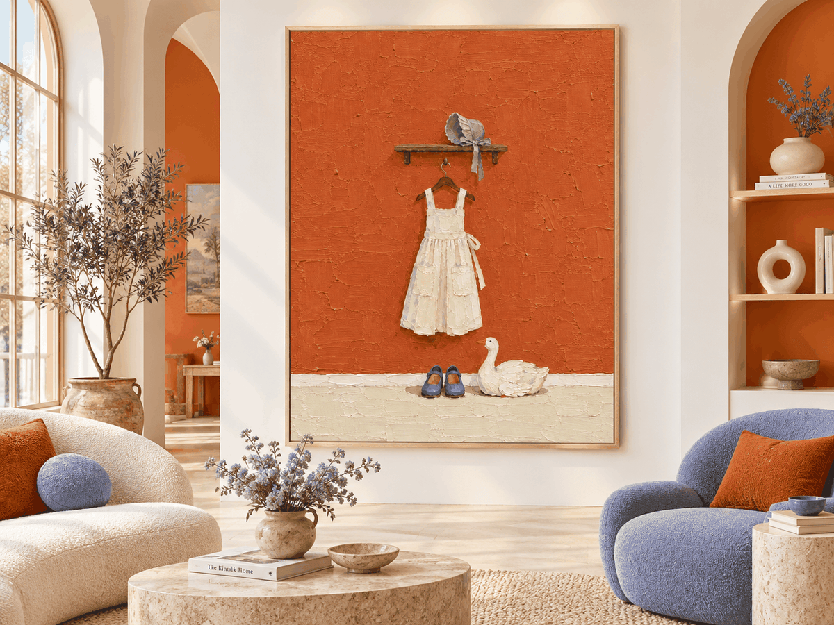 Hand-Painted White Dress And Duck Canvas Art With Orange Background