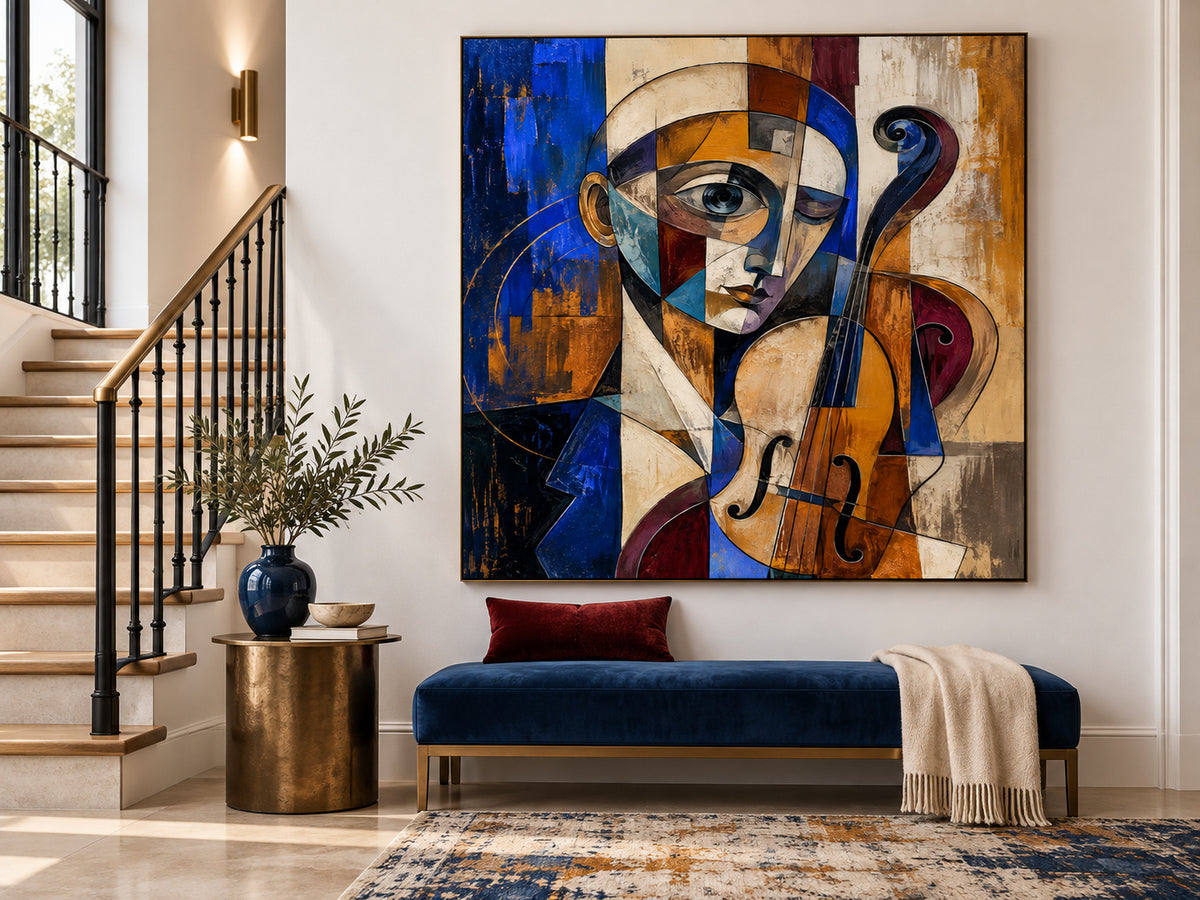 Vintage Geometric Picasso Style Painting With Textured Blue Gold Tones