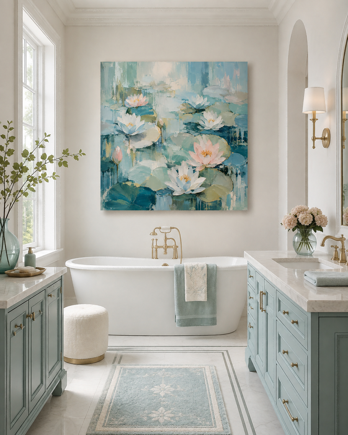 Hand-Painted Water Lilies Abstract Canvas Art With Blue And Pink Tones Hand-Painted Water Lilies Abstract Canvas Art With Blue And Pink Tones