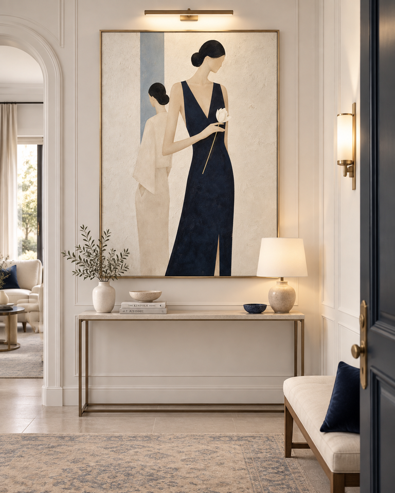 Two Women In Navy And Beige Hand-Painted Canvas Art With White Flower