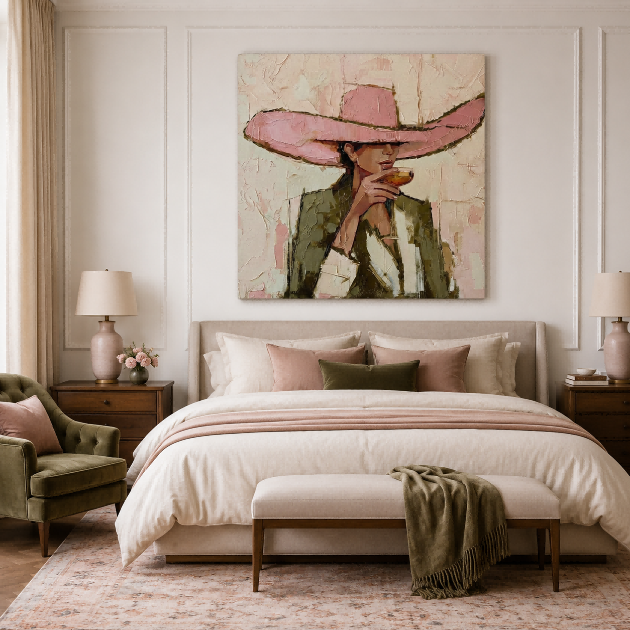 Vintage Fashion Woman Painting Pink Hat Square Canvas Art For Living Room Decor