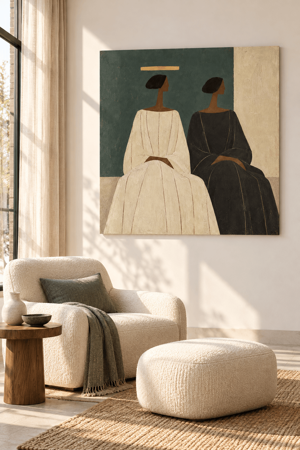 Two Women In Robes Canvas Painting With Gold Halo On Green Background