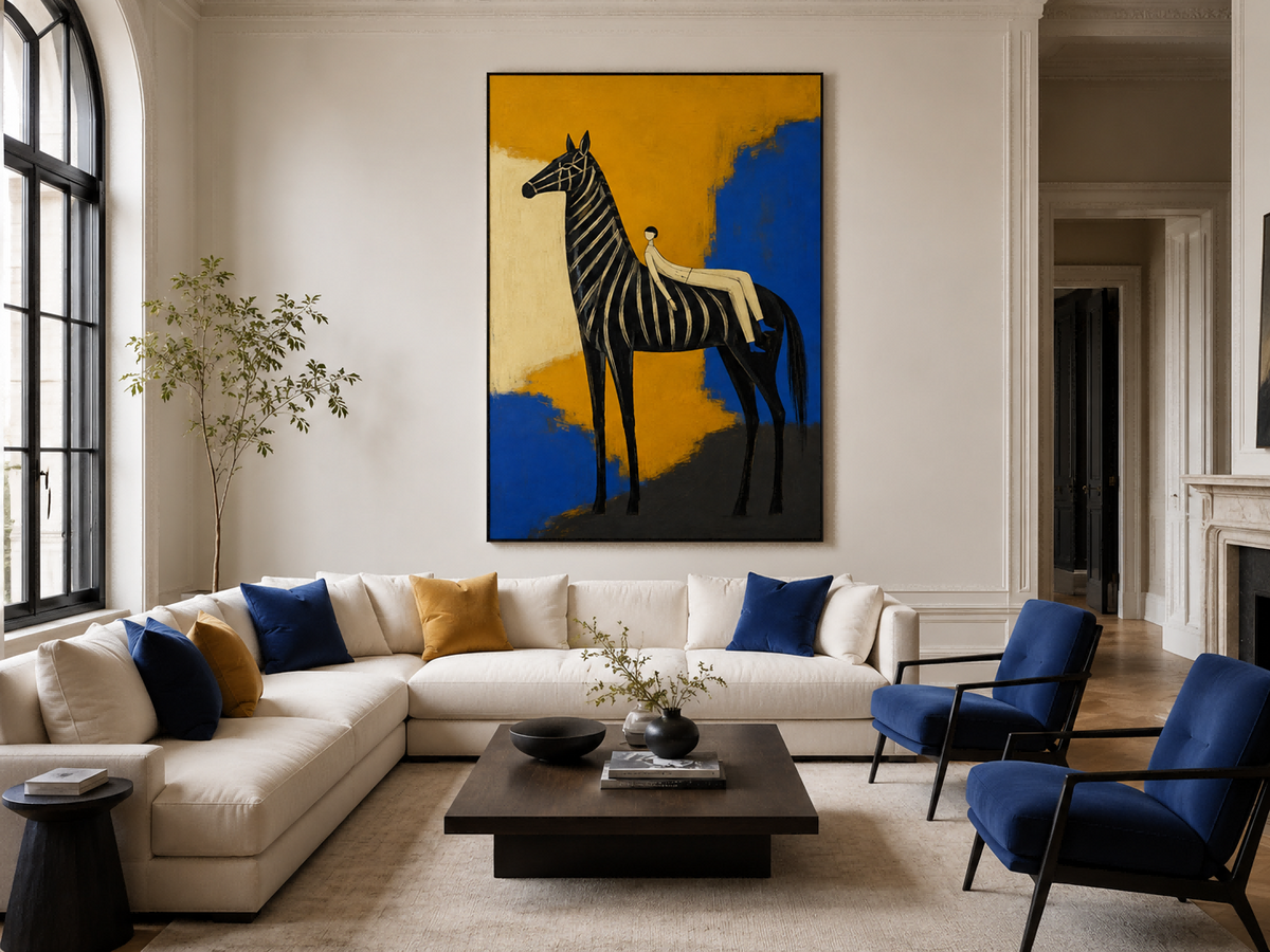 Abstract Zebra And Figure Canvas Painting With Bold Gold Blue Colors