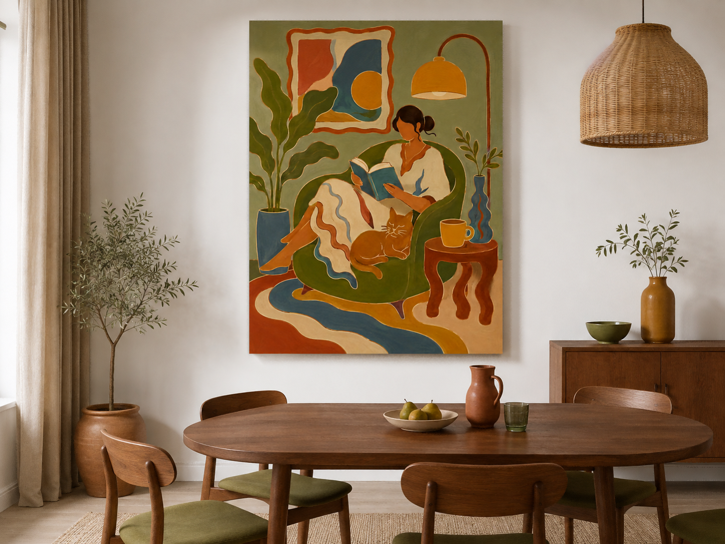 Art Deco Fantasy Style Canvas Art Woman Reading In Green Armchair Hand Painted